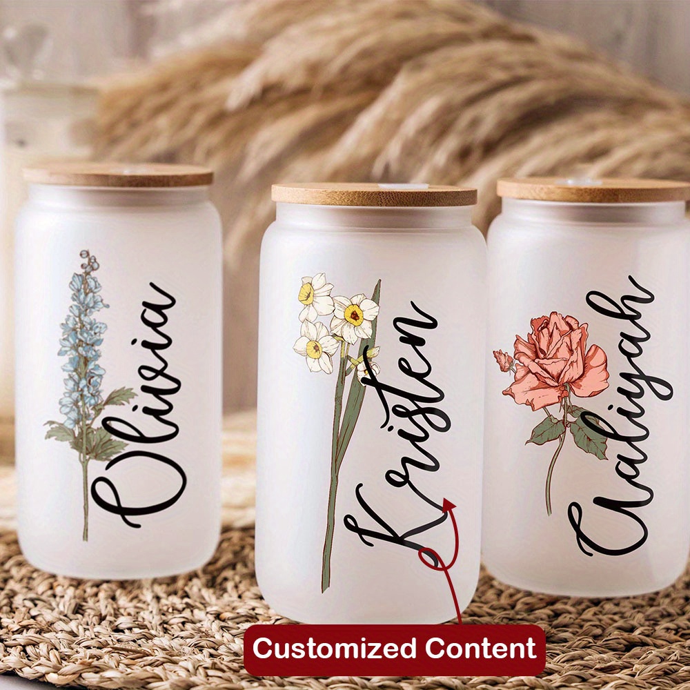 Coffee Tea Name - Personalisierter Geburtsblumen-Namens-Glasbecher mit Bambusdeckel & Strohhalm,