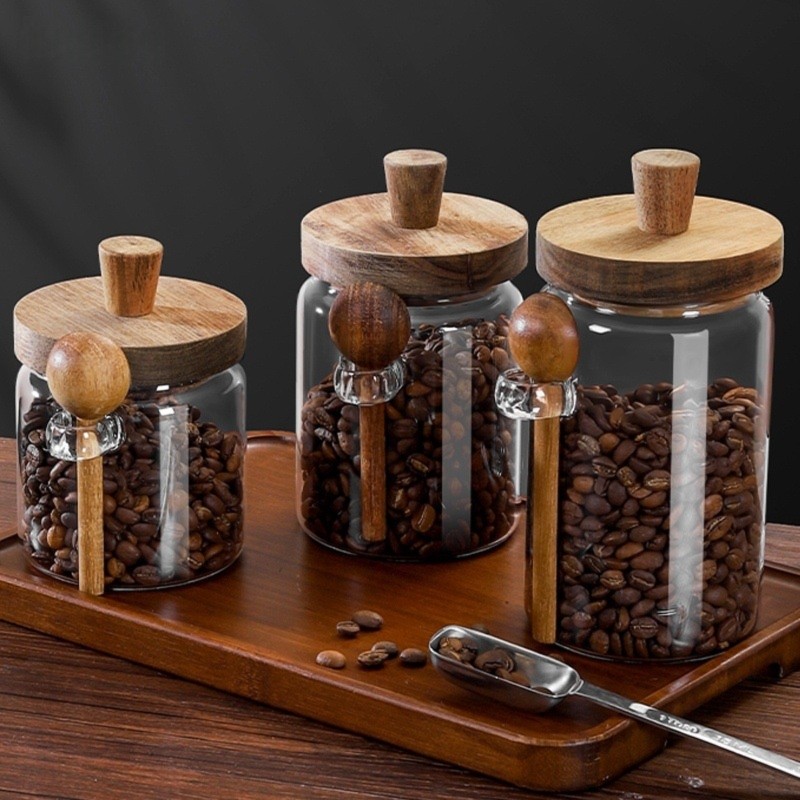 Canister Coffee Sugar Tea - ABJI-Glasbehälter mit Holzdeckeln und Löffel, 13